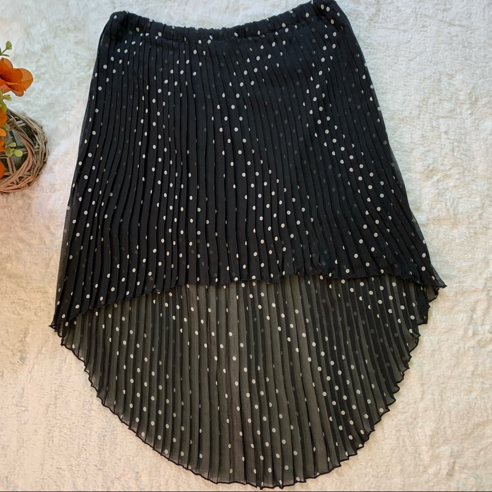 High Low Accordion Pleated Sheer Skirt Black/White Polka Dot Elastic Waist Lined